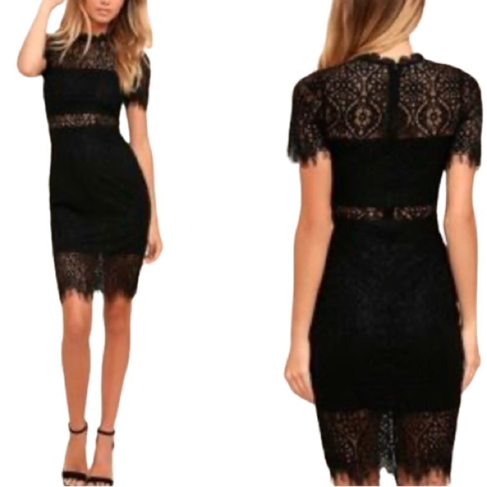 Just Me Black Crocheted Lace Cut Out Sheath Whimsy Classy Goth Dress SZ M